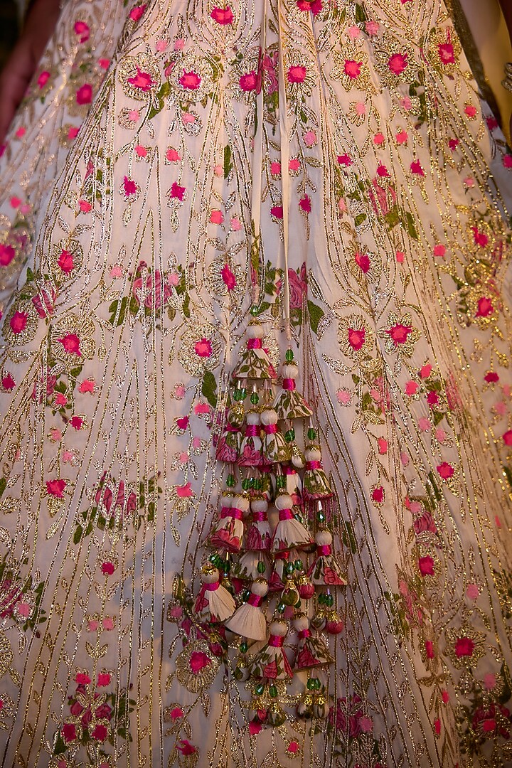 Ivory Modal Satin Block Printed & Gota Embroidered Wedding Lehenga Set by Shyam Narayan Prasad at Pernia's Pop Up Shop