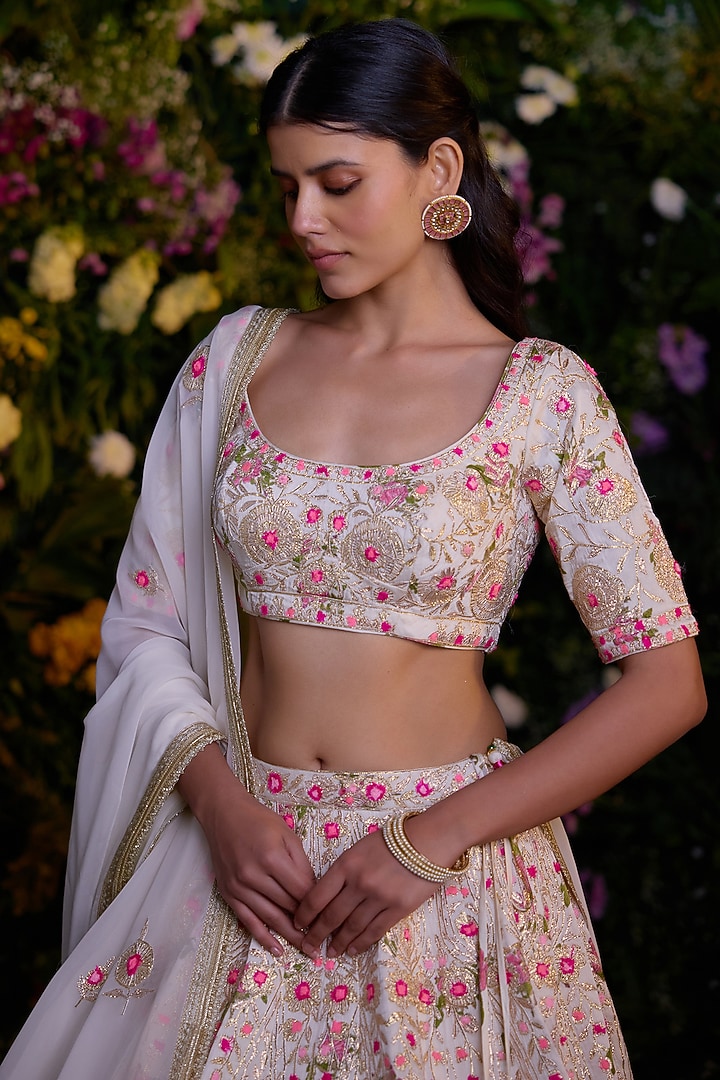 Ivory Modal Satin Block Printed & Gota Embroidered Wedding Lehenga Set by Shyam Narayan Prasad at Pernia's Pop Up Shop