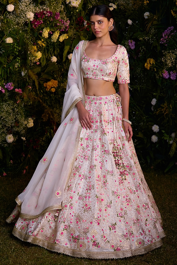 Ivory Modal Satin Block Printed & Gota Embroidered Wedding Lehenga Set by Shyam Narayan Prasad at Pernia's Pop Up Shop