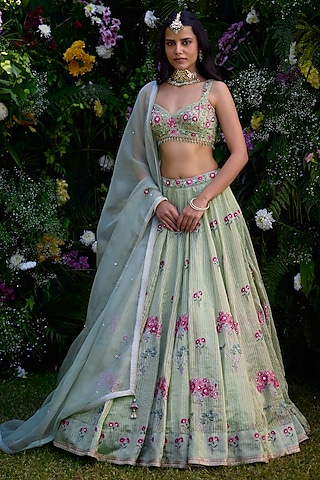Smoke Green Chanderi Brocade Block Printed & Zardosi Embroidered Lehenga Set by Shyam Narayan Prasad