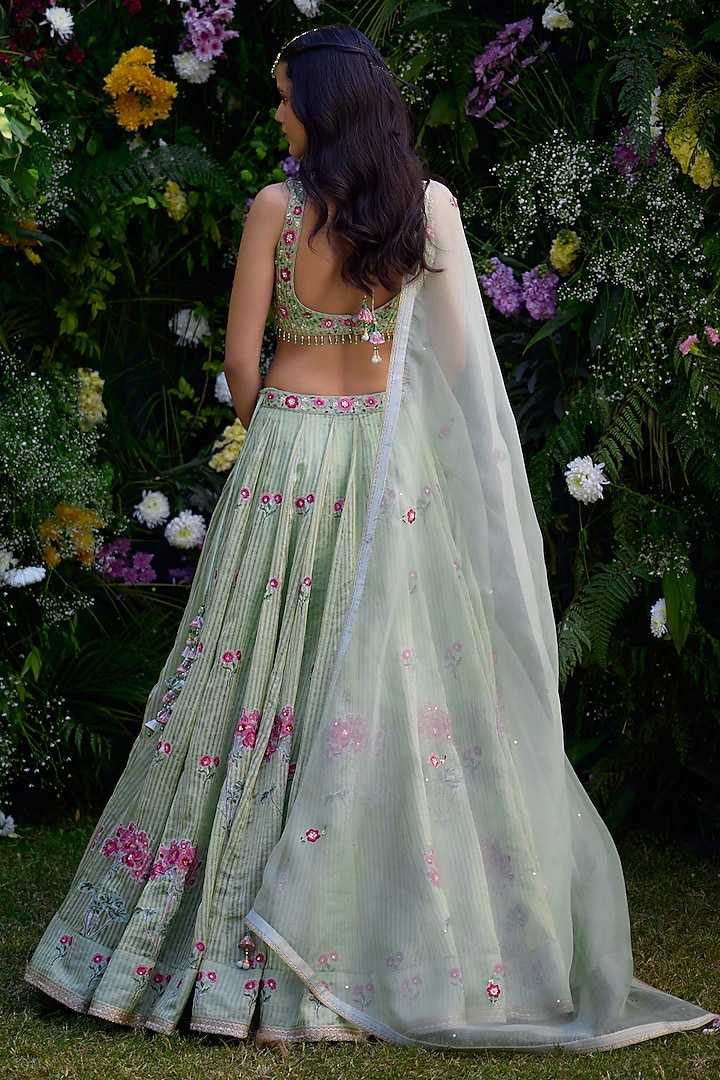 Smoke Green Chanderi Brocade Block Printed & Zardosi Embroidered Wedding Lehenga Set by Shyam Narayan Prasad at Pernia's Pop Up Shop