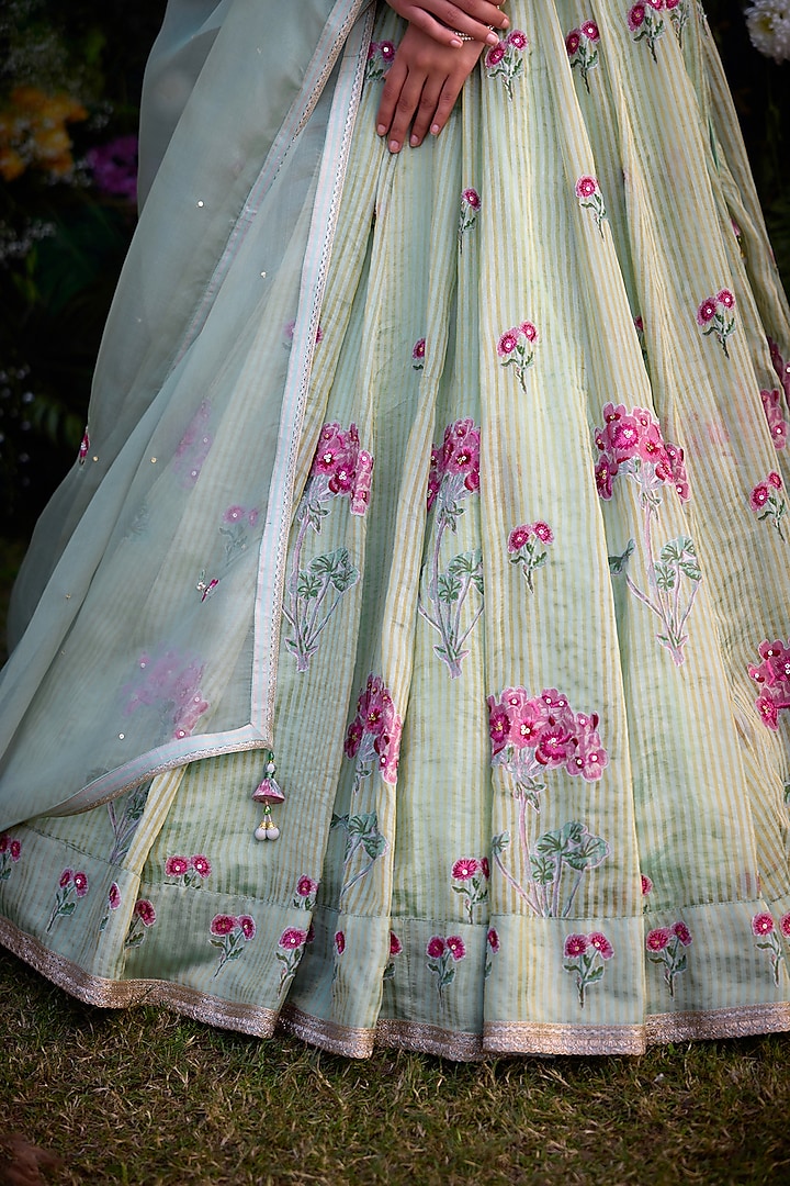 Smoke Green Chanderi Brocade Block Printed & Zardosi Embroidered Wedding Lehenga Set by Shyam Narayan Prasad at Pernia's Pop Up Shop