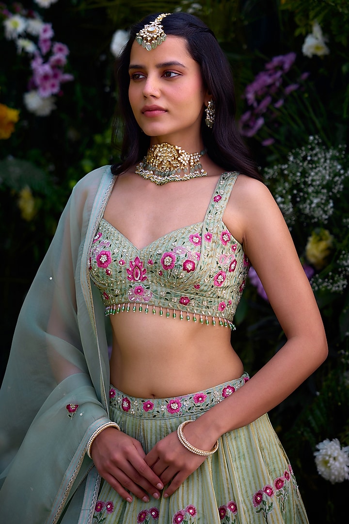 Smoke Green Chanderi Brocade Block Printed & Zardosi Embroidered Wedding Lehenga Set by Shyam Narayan Prasad at Pernia's Pop Up Shop