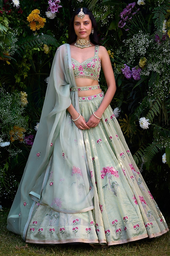 Smoke Green Chanderi Brocade Block Printed & Zardosi Embroidered Wedding Lehenga Set by Shyam Narayan Prasad at Pernia's Pop Up Shop