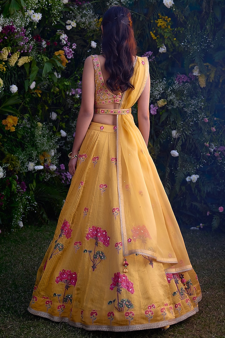 Spectra Yellow Chanderi Brocade Zardosi Embroidered Wedding Lehenga Set by Shyam Narayan Prasad at Pernia's Pop Up Shop