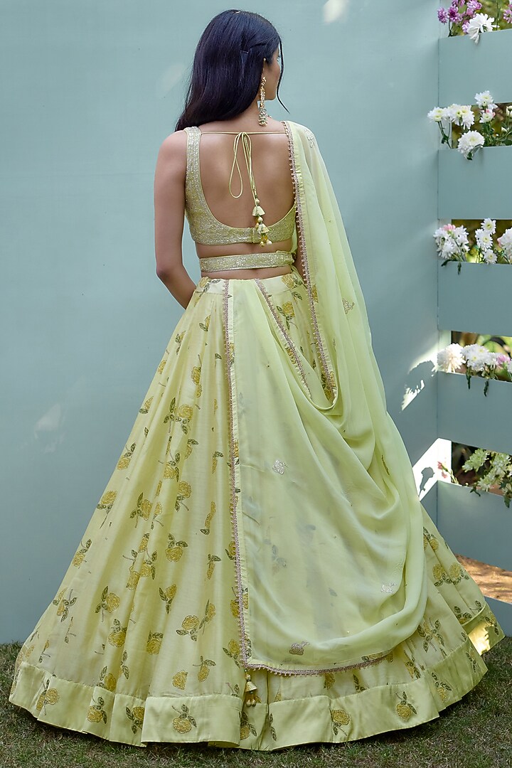 Canary Yellow Silk Chanderi Thread Embroidered Wedding Lehenga Set by Shyam Narayan Prasad at Pernia's Pop Up Shop