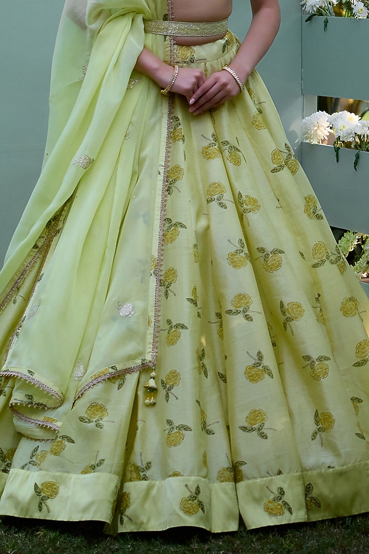 Canary Yellow Silk Chanderi Thread Embroidered Wedding Lehenga Set by Shyam Narayan Prasad at Pernia's Pop Up Shop