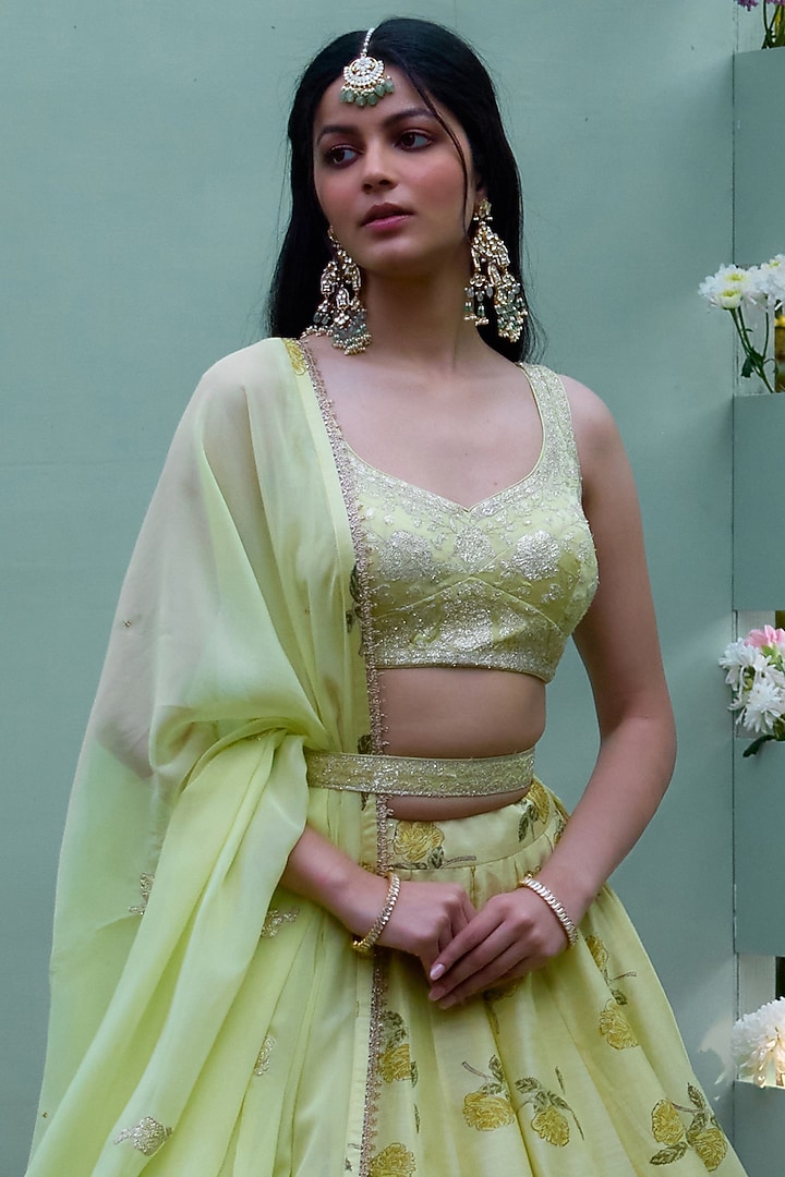Canary Yellow Silk Chanderi Thread Embroidered Wedding Lehenga Set by Shyam Narayan Prasad at Pernia's Pop Up Shop
