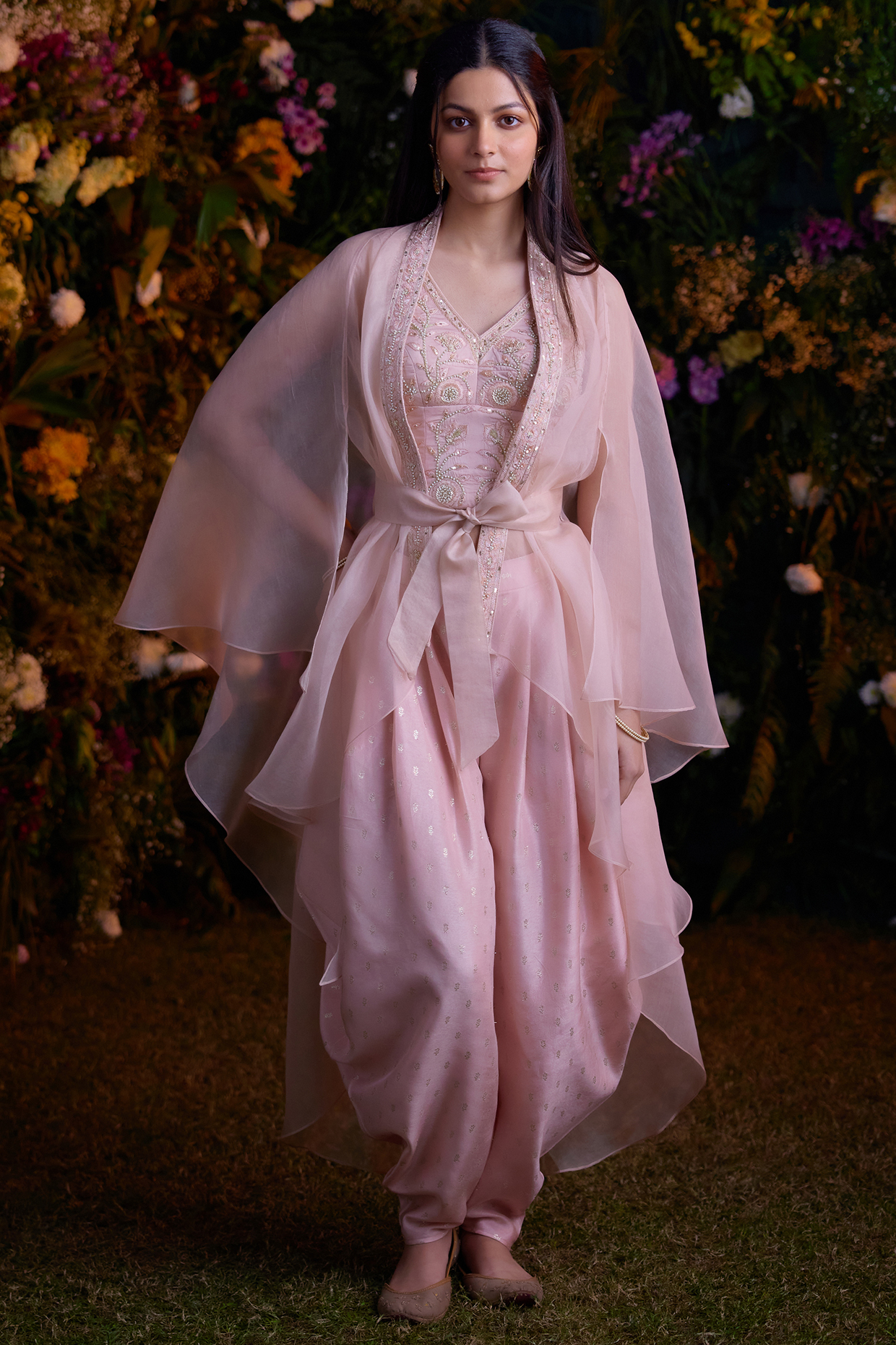 Shell Pink Organza Cape Set by Shyam Narayan Prasad at Pernia's Pop Up Shop