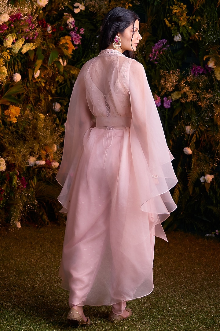 Shell Pink Organza Cape Set by Shyam Narayan Prasad at Pernia's Pop Up Shop