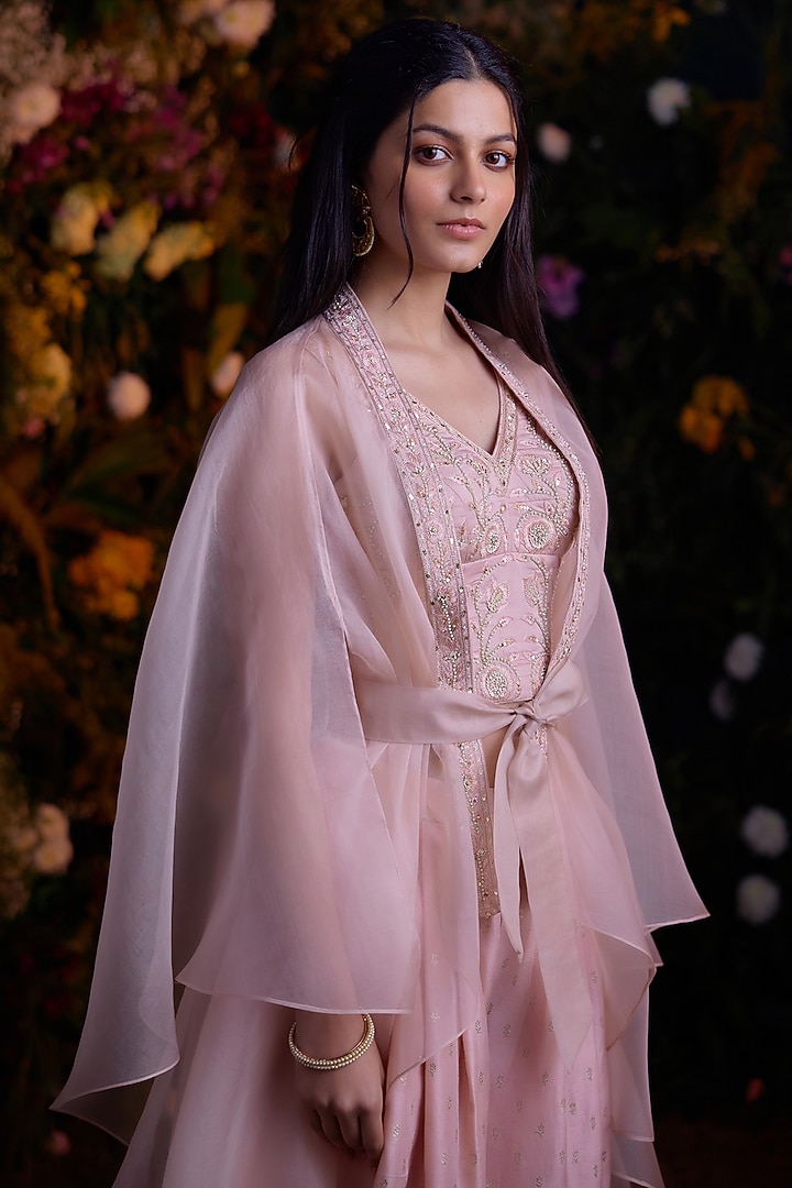 Shell Pink Organza Cape Set by Shyam Narayan Prasad at Pernia's Pop Up Shop