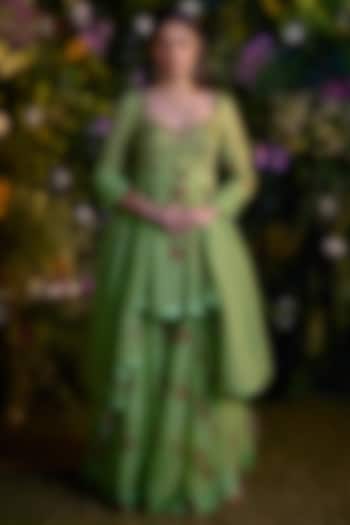 Macaw Green Satin Zardosi & Sequins Embroidered Wedding Sharara Set by Shyam Narayan Prasad at Pernia's Pop Up Shop