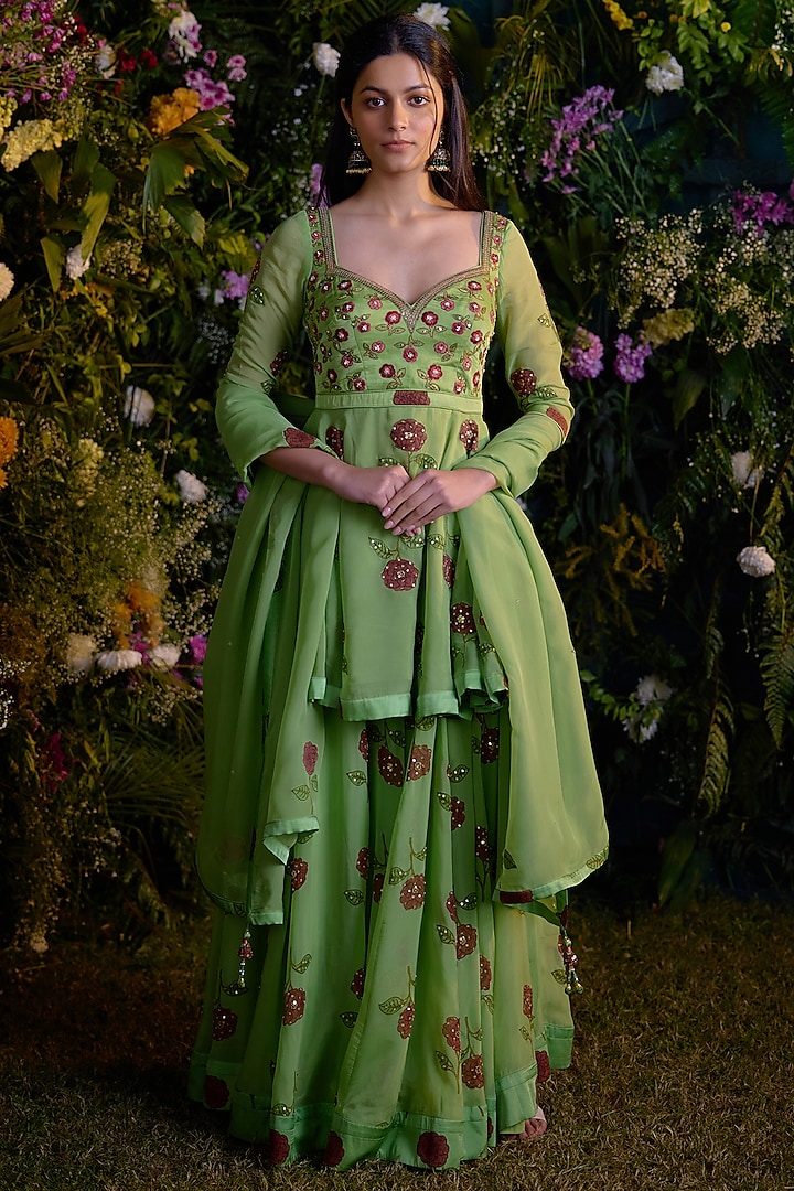 Macaw Green Satin Zardosi & Sequins Embroidered Wedding Sharara Set by Shyam Narayan Prasad at Pernia's Pop Up Shop
