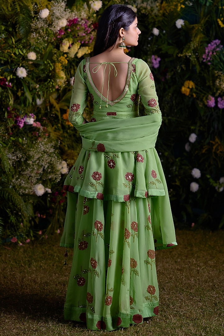 Macaw Green Satin Zardosi & Sequins Embroidered Wedding Sharara Set by Shyam Narayan Prasad at Pernia's Pop Up Shop