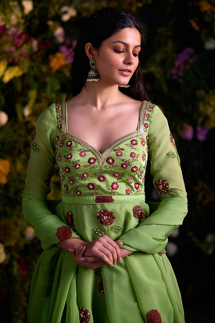 Macaw Green Satin Zardosi & Sequins Embroidered Wedding Sharara Set by Shyam Narayan Prasad at Pernia's Pop Up Shop