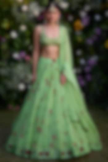 Macaw Green Satin Zardosi & Sequins Embroidered Wedding Lehenga Set by Shyam Narayan Prasad at Pernia's Pop Up Shop