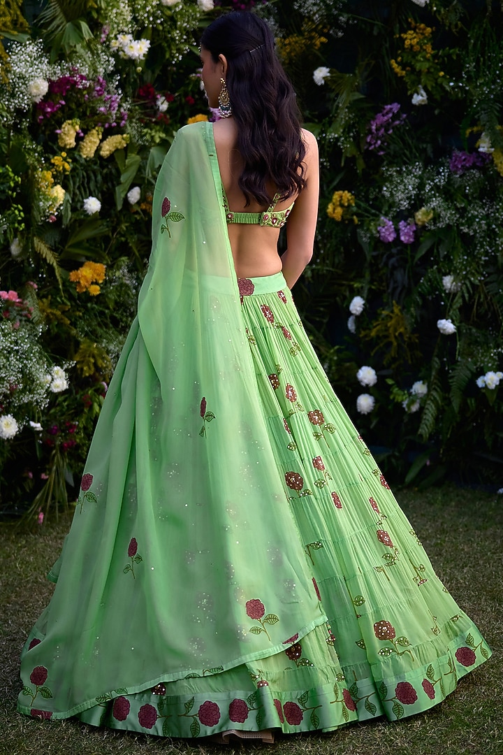 Macaw Green Satin Zardosi & Sequins Embroidered Wedding Lehenga Set by Shyam Narayan Prasad at Pernia's Pop Up Shop