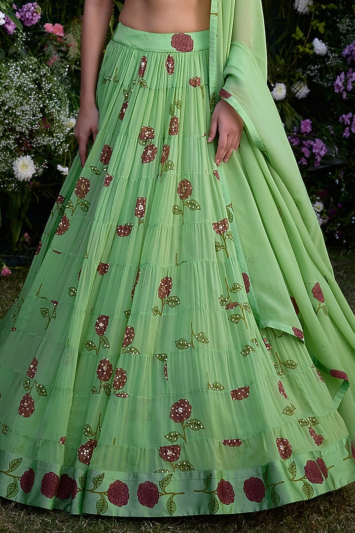 Macaw Green Satin Zardosi & Sequins Embroidered Wedding Lehenga Set by Shyam Narayan Prasad at Pernia's Pop Up Shop