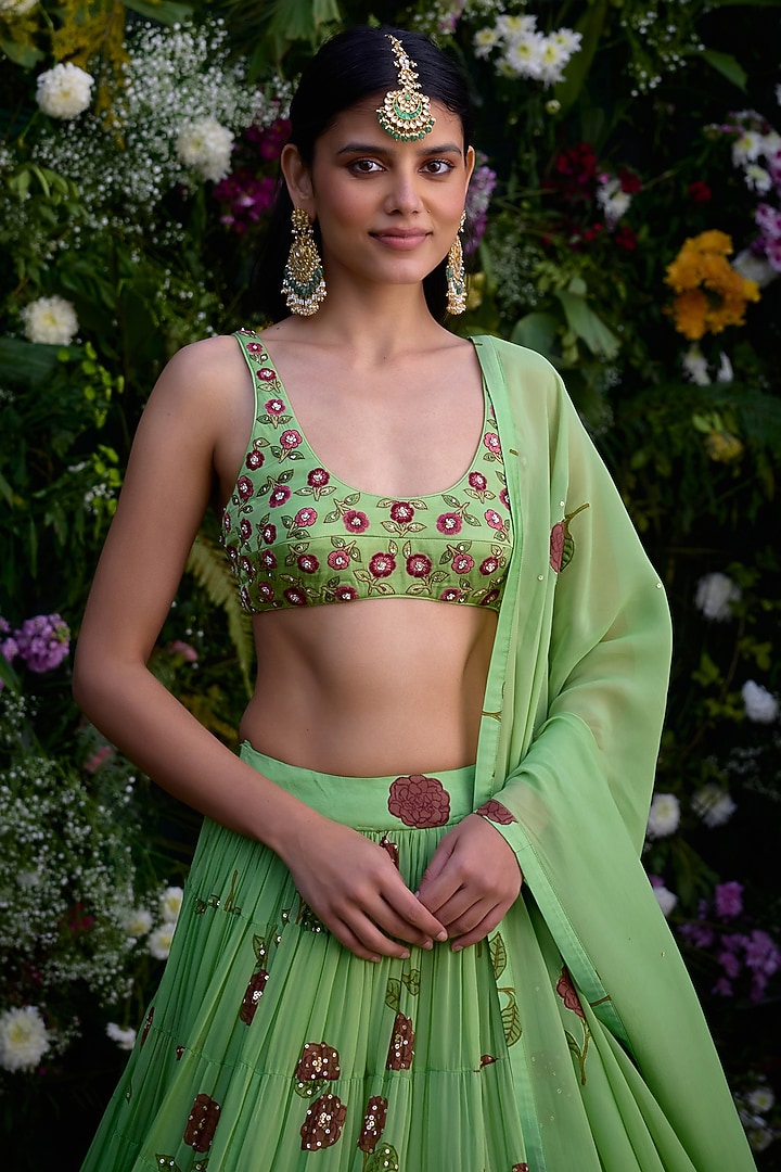 Macaw Green Satin Zardosi & Sequins Embroidered Wedding Lehenga Set by Shyam Narayan Prasad at Pernia's Pop Up Shop