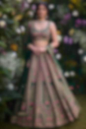 Deep Forest Green Raw Silk Thread Embroidered Wedding Lehenga Set by Shyam Narayan Prasad at Pernia's Pop Up Shop