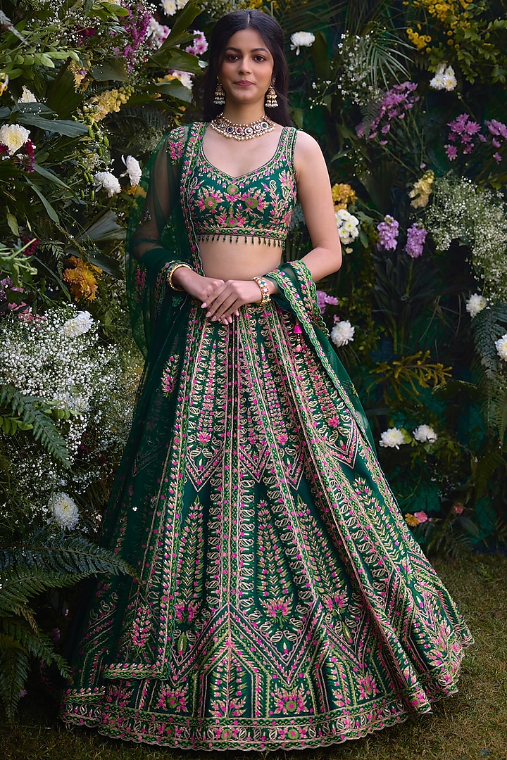 Deep Forest Green Raw Silk Thread Embroidered Wedding Lehenga Set by Shyam Narayan Prasad at Pernia's Pop Up Shop