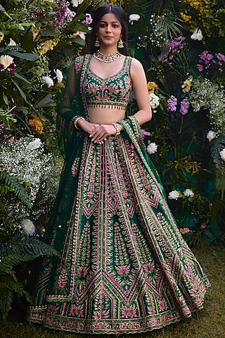 Deep Forest Green Raw Silk Thread Embroidered Lehenga Set by Shyam Narayan Prasad