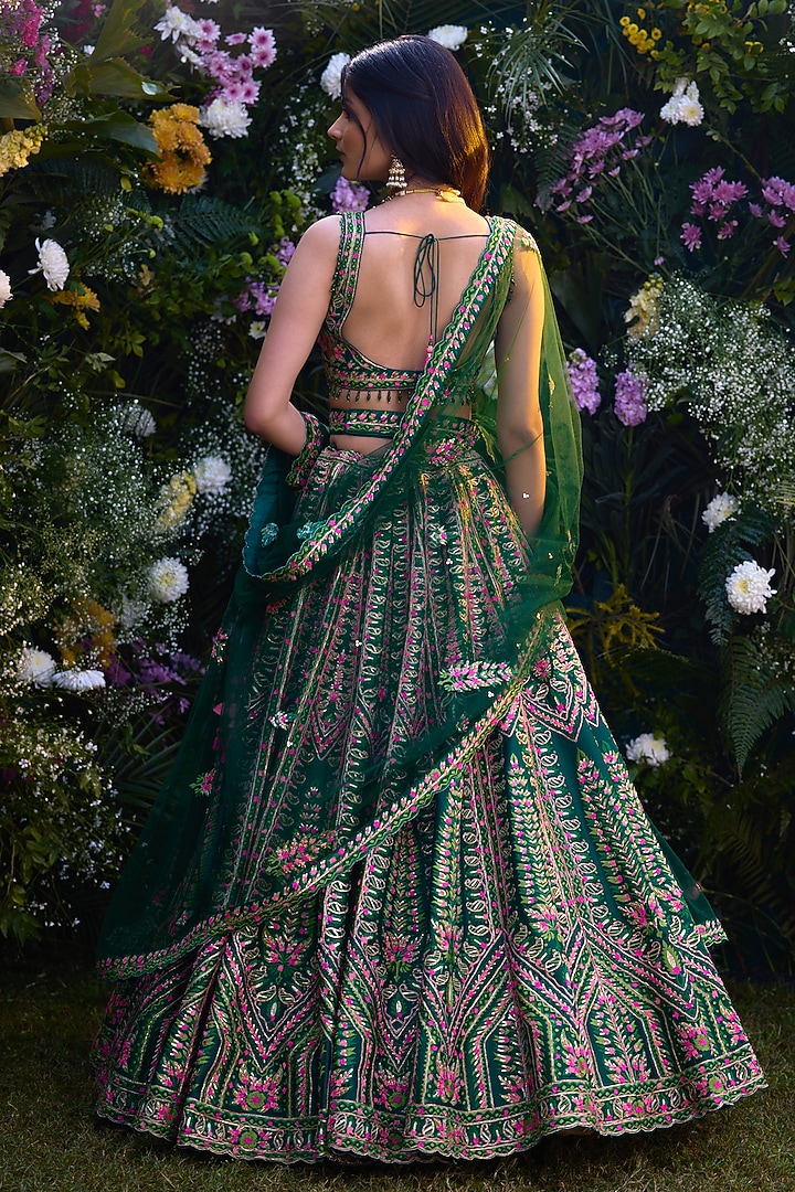 Deep Forest Green Raw Silk Thread Embroidered Bridal Lehenga Set by Shyam Narayan Prasad at Pernia's Pop Up Shop