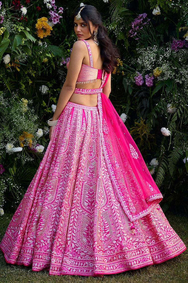 Fuchsia Raw Silk Thread Embroidered Bridal Lehenga Set by Shyam Narayan Prasad at Pernia's Pop Up Shop
