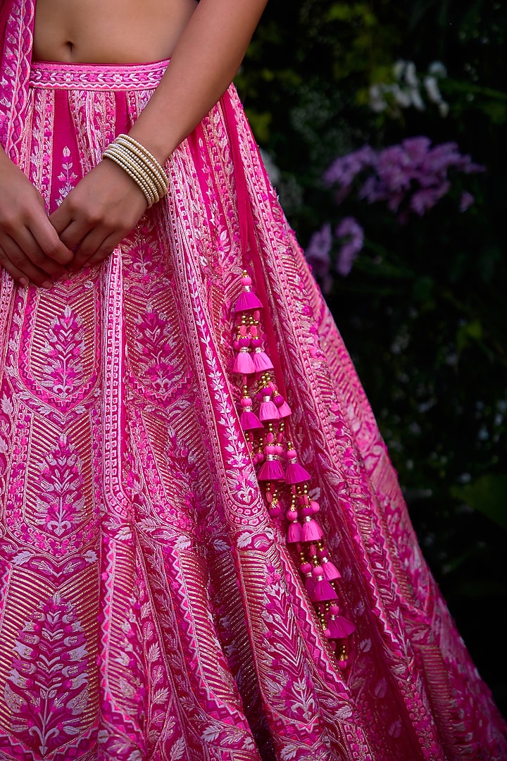 Fuchsia Raw Silk Thread Embroidered Bridal Lehenga Set by Shyam Narayan Prasad at Pernia's Pop Up Shop