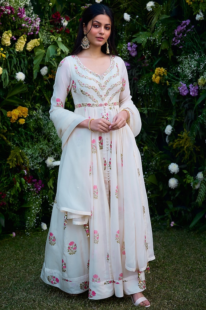 Ivory Modal Block Printed & Zardosi Embroidered Party Wear Anarkali Set by Shyam Narayan Prasad at Pernia's Pop Up Shop