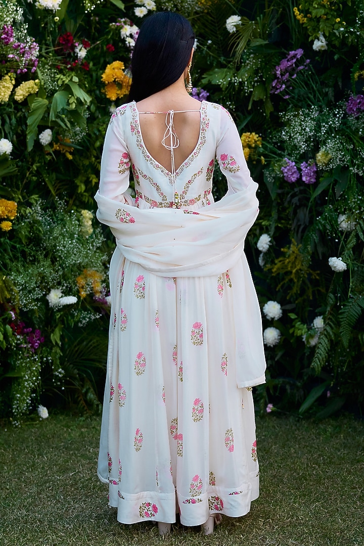 Ivory Modal Block Printed & Zardosi Embroidered Wedding Anarkali Set by Shyam Narayan Prasad at Pernia's Pop Up Shop