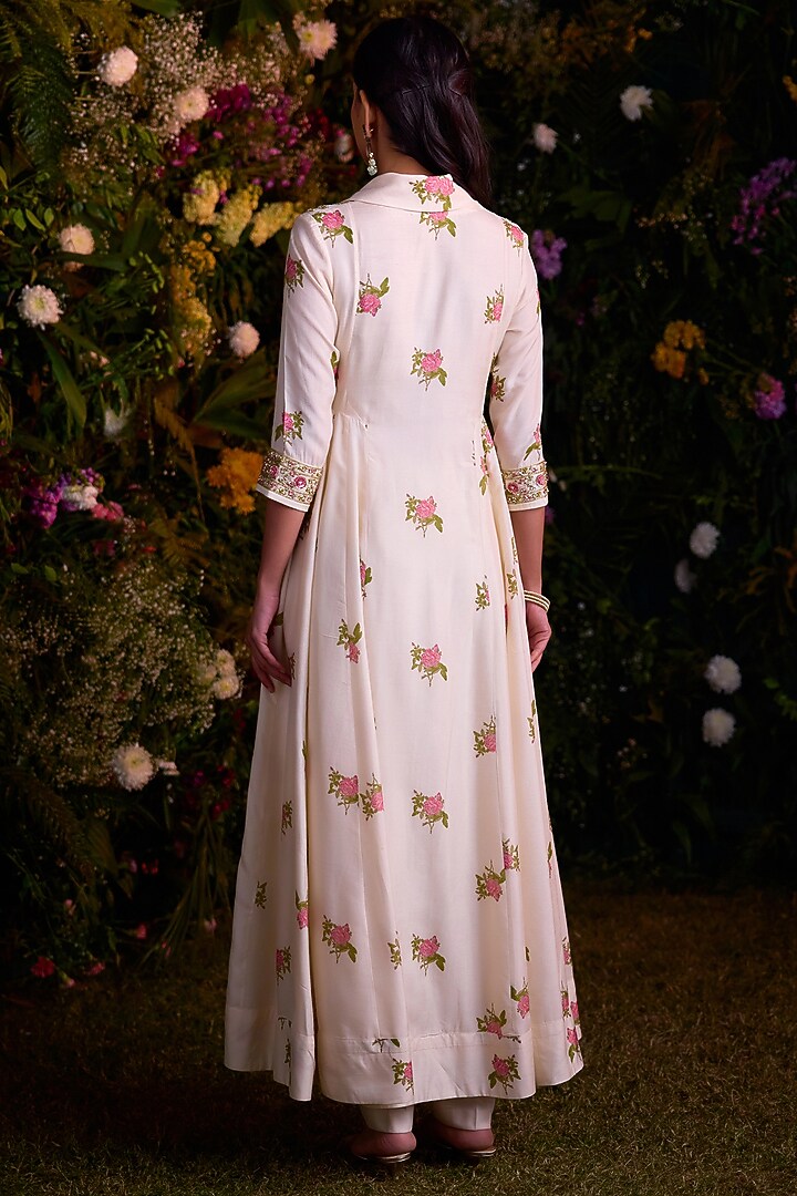 Ivory Dola Silk Block Printed & Zardosi Embroidered Angrakha Kurta Set by Shyam Narayan Prasad at Pernia's Pop Up Shop