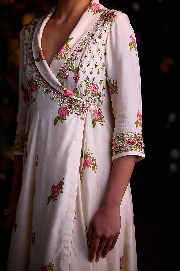 Ivory Dola Silk Block Printed & Zardosi Embroidered Angrakha Kurta Set by Shyam Narayan Prasad at Pernia's Pop Up Shop