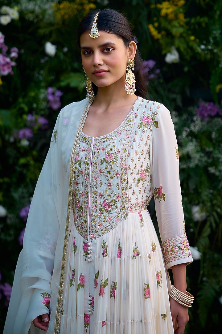 Ivory Dola Silk & Flat Chiffon Zardosi Embroidered Wedding Anarkali Set by Shyam Narayan Prasad at Pernia's Pop Up Shop