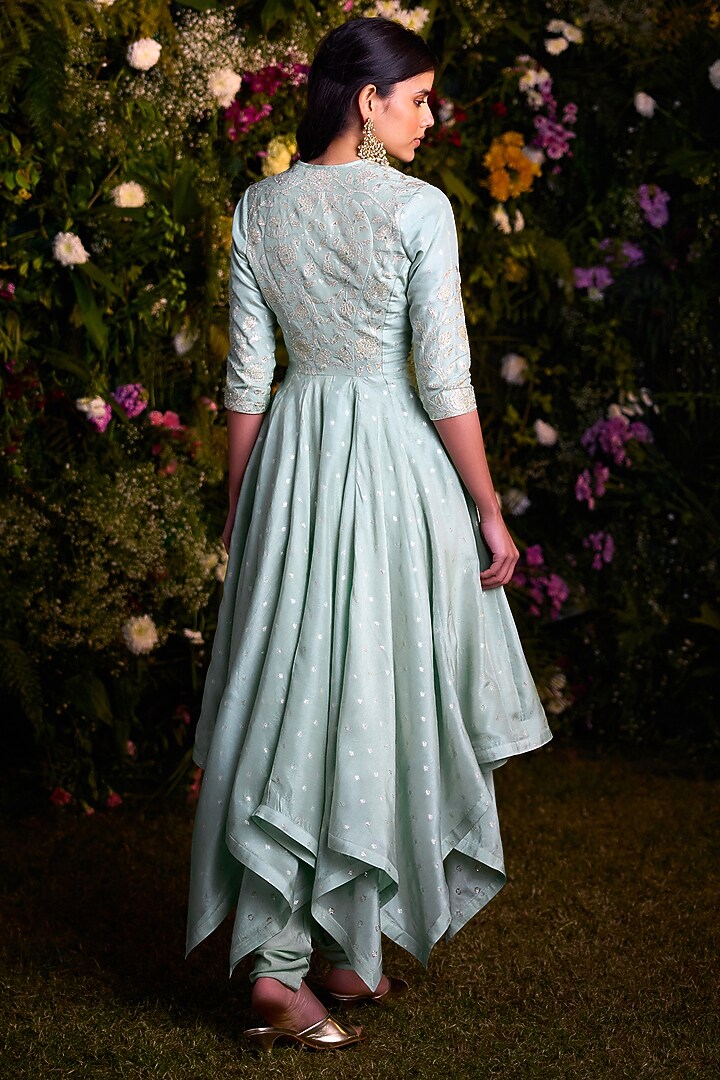 Misty Blue Silk Brocade Thread Embroidered Asymmetrical Kurta Set by Shyam Narayan Prasad at Pernia's Pop Up Shop