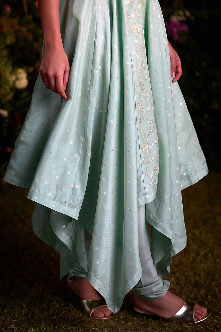 Misty Blue Silk Brocade Thread Embroidered Asymmetrical Kurta Set by Shyam Narayan Prasad at Pernia's Pop Up Shop