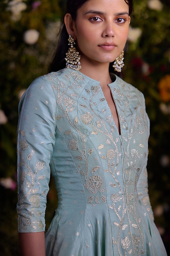 Misty Blue Silk Brocade Thread Embroidered Asymmetrical Kurta Set by Shyam Narayan Prasad at Pernia's Pop Up Shop