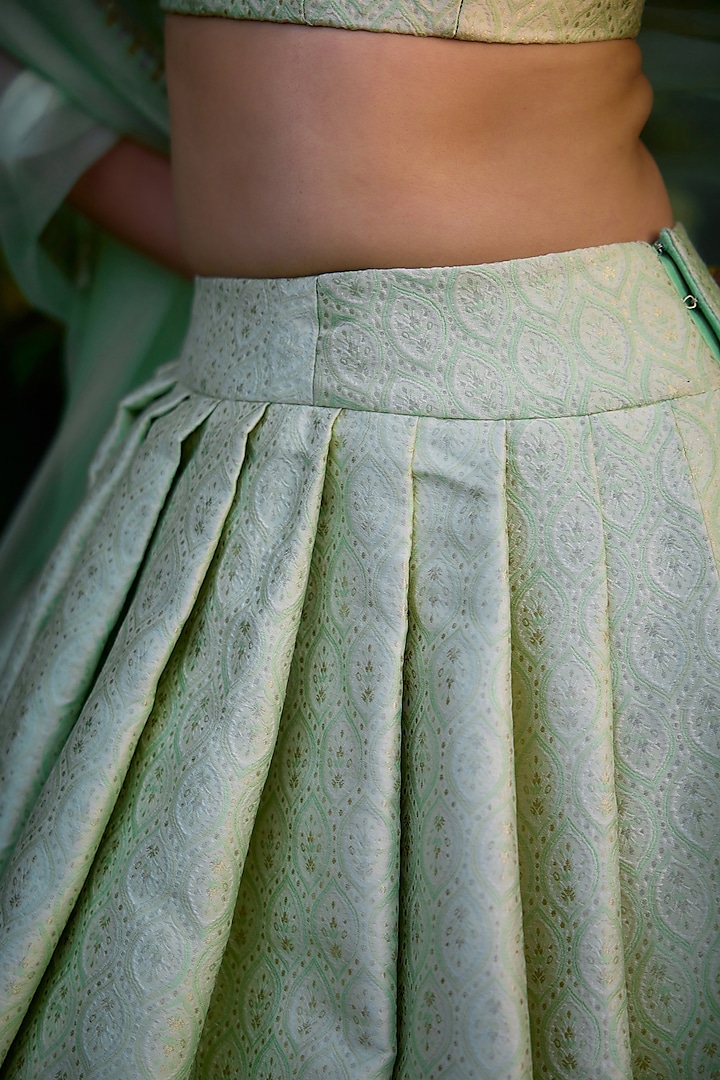 Meadow Mist Green Brocade Patchwork Embroidered Wedding Lehenga Set by Shyam Narayan Prasad at Pernia's Pop Up Shop