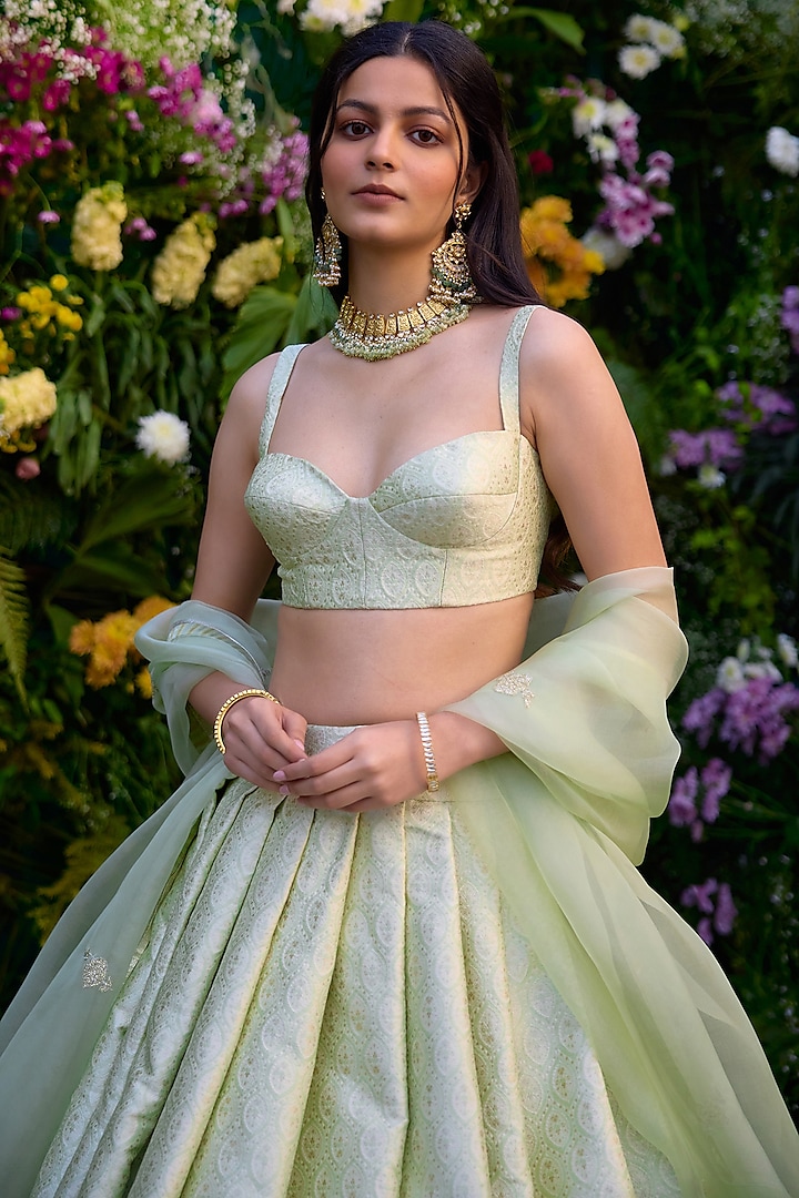 Meadow Mist Green Brocade Patchwork Embroidered Wedding Lehenga Set by Shyam Narayan Prasad at Pernia's Pop Up Shop