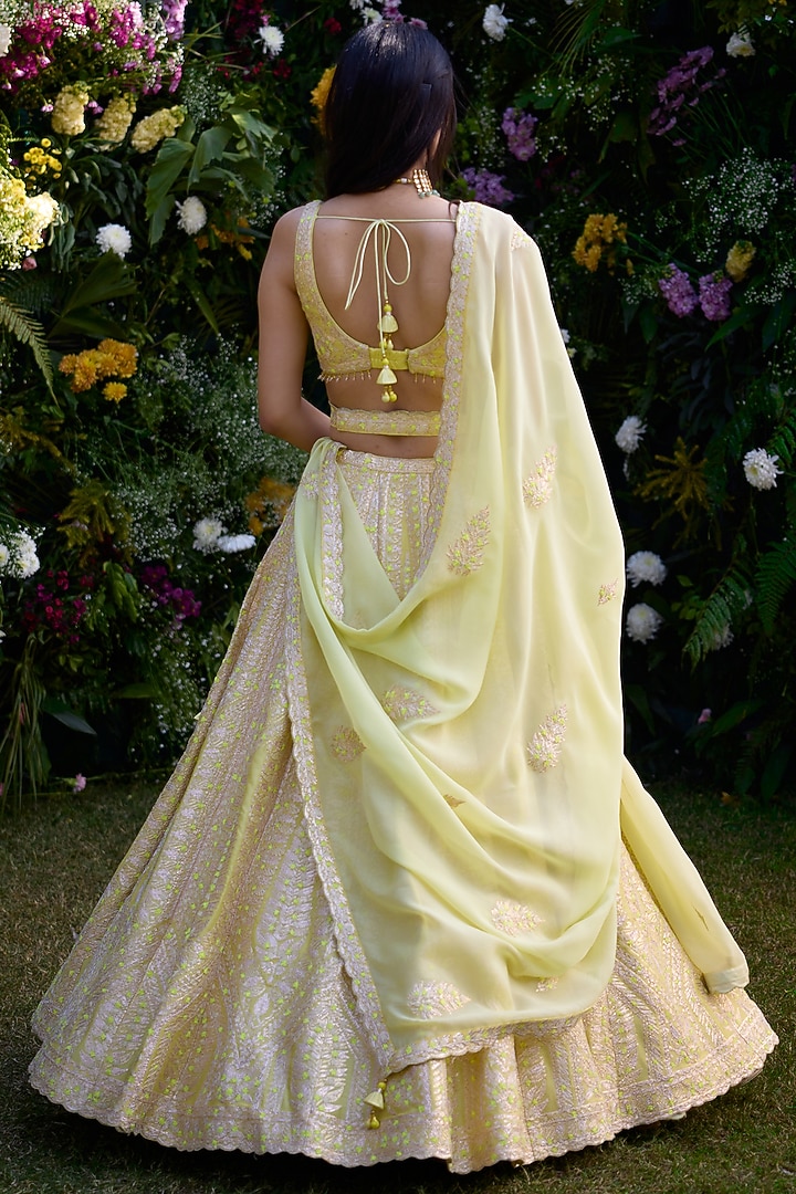Sunshine Yellow Raw Silk Thread Embroidered Wedding Lehenga Set by Shyam Narayan Prasad at Pernia's Pop Up Shop
