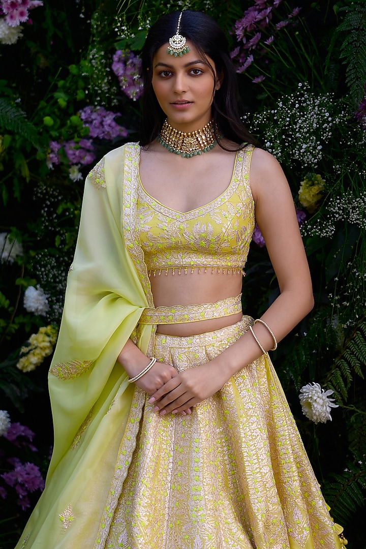 Sunshine Yellow Raw Silk Thread Embroidered Wedding Lehenga Set by Shyam Narayan Prasad at Pernia's Pop Up Shop