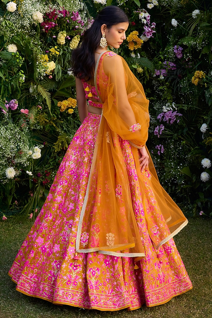 Apricot Orange Raw Silk Thread Embroidered Wedding Lehenga Set by Shyam Narayan Prasad at Pernia's Pop Up Shop