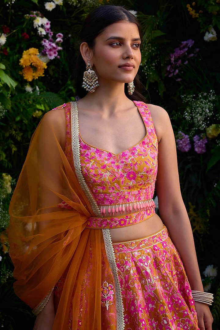 Apricot Orange Raw Silk Thread Embroidered Wedding Lehenga Set by Shyam Narayan Prasad at Pernia's Pop Up Shop