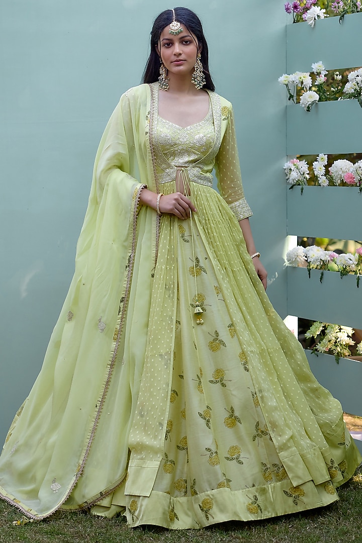 Canary Yellow Chanderi Hand Block Printed & Thread Embroidered Wedding Lehenga Set by Shyam Narayan Prasad at Pernia's Pop Up Shop