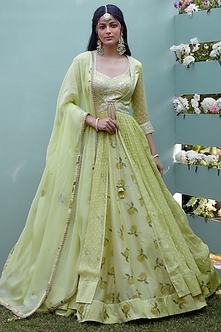 Canary Yellow Chanderi Hand Block Printed & Thread Embroidered Lehenga Set by Shyam Narayan Prasad