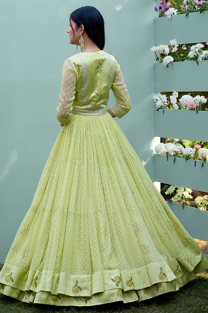 Canary Yellow Chanderi Hand Block Printed & Thread Embroidered Wedding Lehenga Set by Shyam Narayan Prasad at Pernia's Pop Up Shop