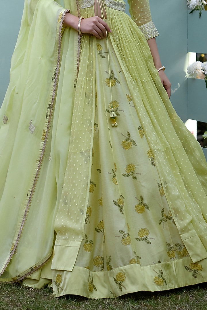 Canary Yellow Chanderi Hand Block Printed & Thread Embroidered Wedding Lehenga Set by Shyam Narayan Prasad at Pernia's Pop Up Shop