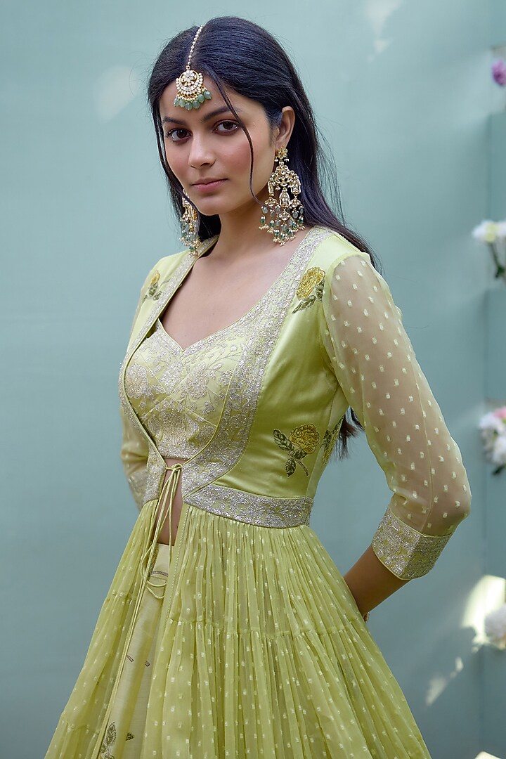 Canary Yellow Chanderi Hand Block Printed & Thread Embroidered Wedding Lehenga Set by Shyam Narayan Prasad at Pernia's Pop Up Shop