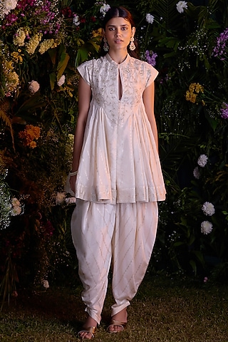 Ivory Jacquard Silk Zardosi Embroidered Dhoti Set by Shyam Narayan Prasad
