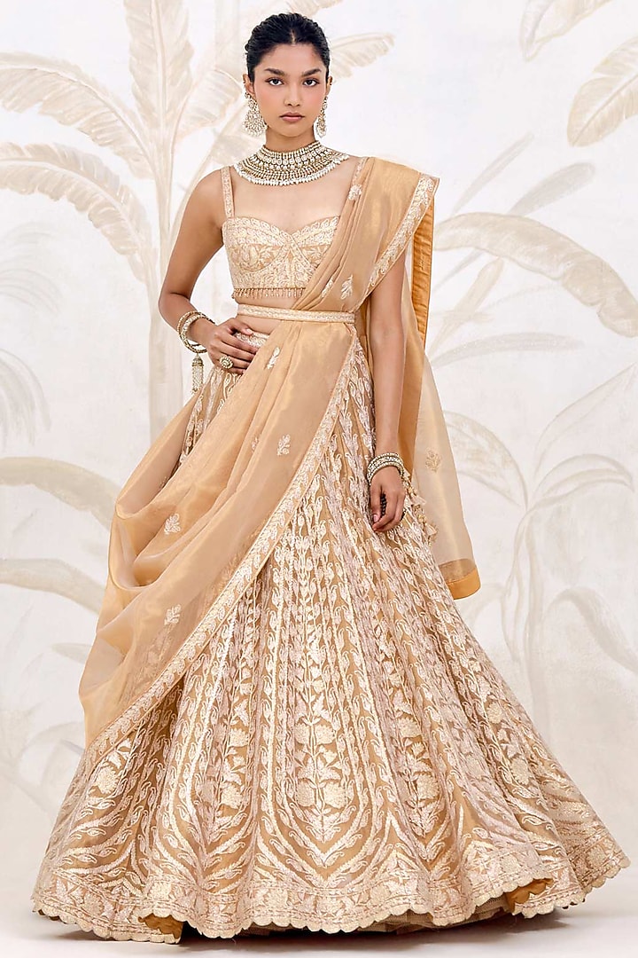 Gold Silk Tissue Organza Gota Embroidered Wedding Lehenga Set by Shyam Narayan Prasad at Pernia's Pop Up Shop